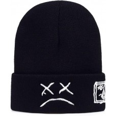 Lil Peep Autumn Winter Warm Beanie Hats Crying face Embroidery Beanie caps Men Women face Knitted Hats -Black One Size