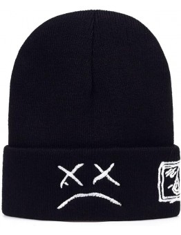 Lil Peep Autumn Winter Warm Beanie Hats Crying face Embroidery Beanie caps Men Women face Knitted Hats -Black One Size