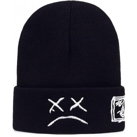 Lil Peep Autumn Winter Warm Beanie Hats Crying face Embroidery Beanie caps Men Women face Knitted Hats -Black One Size