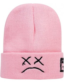 Lil Peep Beanie Hat for Men Women with Sad Face Cuffed Plain Skull Knit Cap, Pink