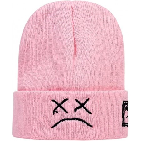 Lil Peep Beanie Hat for Men Women with Sad Face Cuffed Plain Skull Knit Cap, Pink