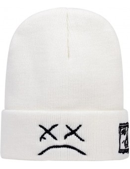 Lil Peep Beanie Hat for Men Women with Sad Face Cuffed Plain Skull Knit Cap, White, White, One Size